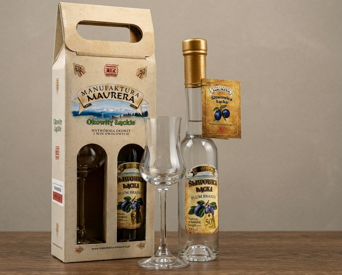 Zestaw - Śliwowica Łącka 50% 200 ml z kieliszkiem