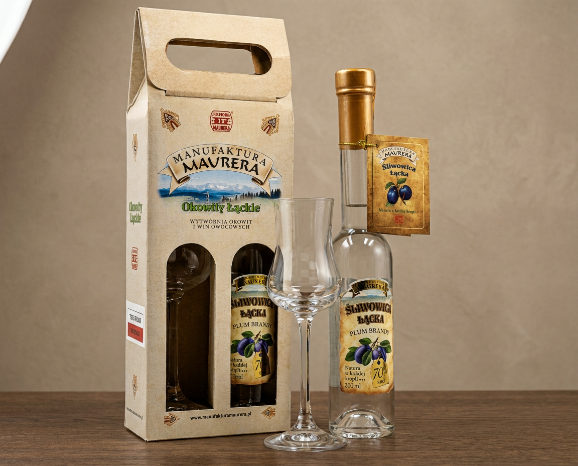 Zestaw - Śliwowica Łącka 70% 200 ml z kieliszkiem